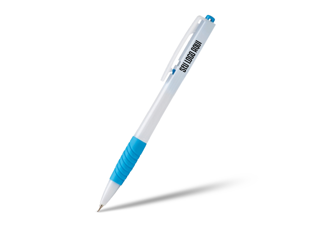 Caneta plástica com detalhe emborrachado e acionamento por clique, carga esferográfica azul 0.8mm.