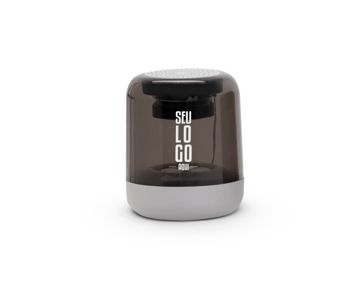 Caixa de som multimídia com luzes led. Operante nos modos bluetooth, rádio FM e cartão TF (MicroSD). Acompanha cabo USB.