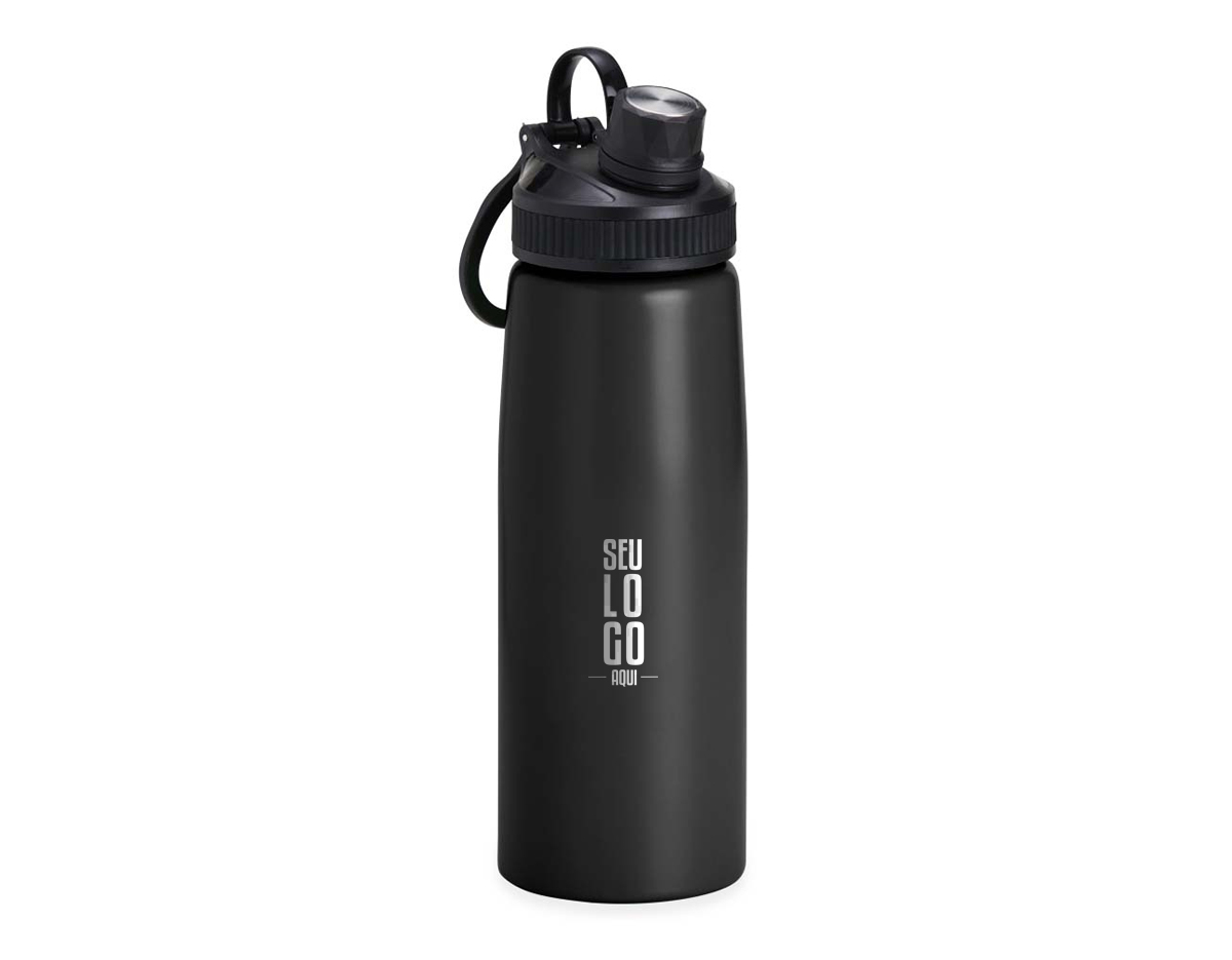 Squeeze inox 900ml com tampa plástica, bocal com tampa protetora e alça para transporte.