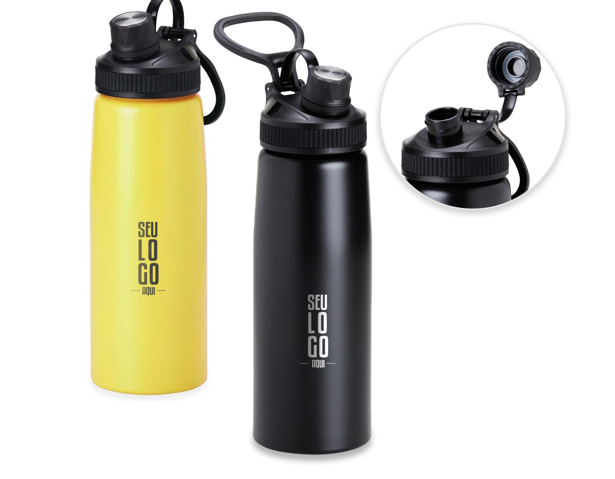 Squeeze inox 900ml com tampa plástica, bocal com tampa protetora e alça para transporte.