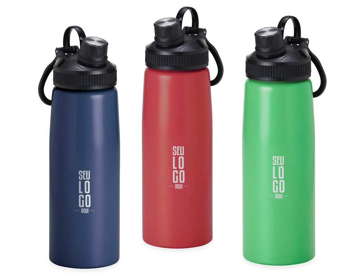 Squeeze inox 900ml com tampa plástica, bocal com tampa protetora e alça para transporte.