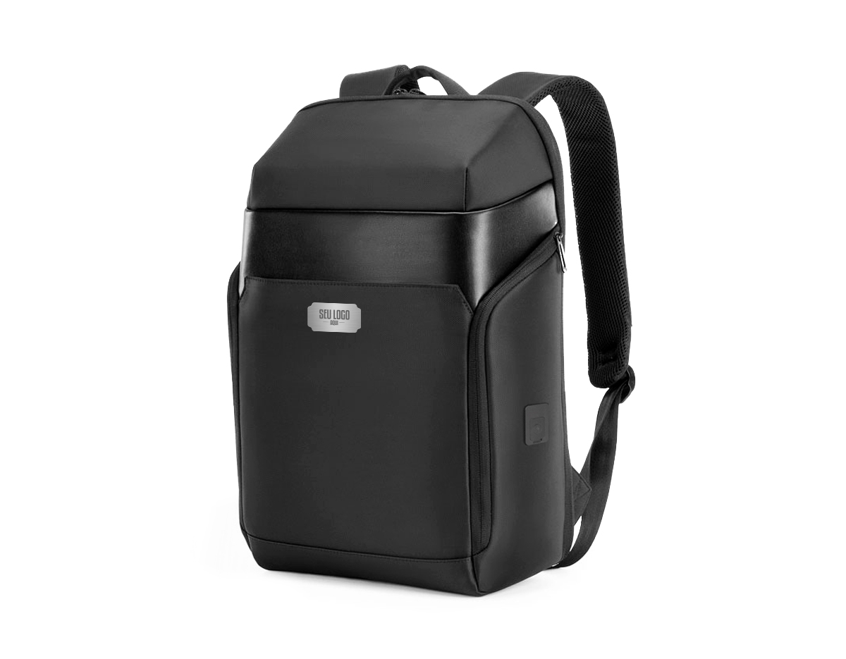 Mochila Premium, adequada para viagens de negócios, feito de tecido de poliéster, resistente à água e ao desgaste, alças de ombro acolchoadas, aceita notebook de até 15,6", engate para mala de viagem, com dois bolsos nas laterais.