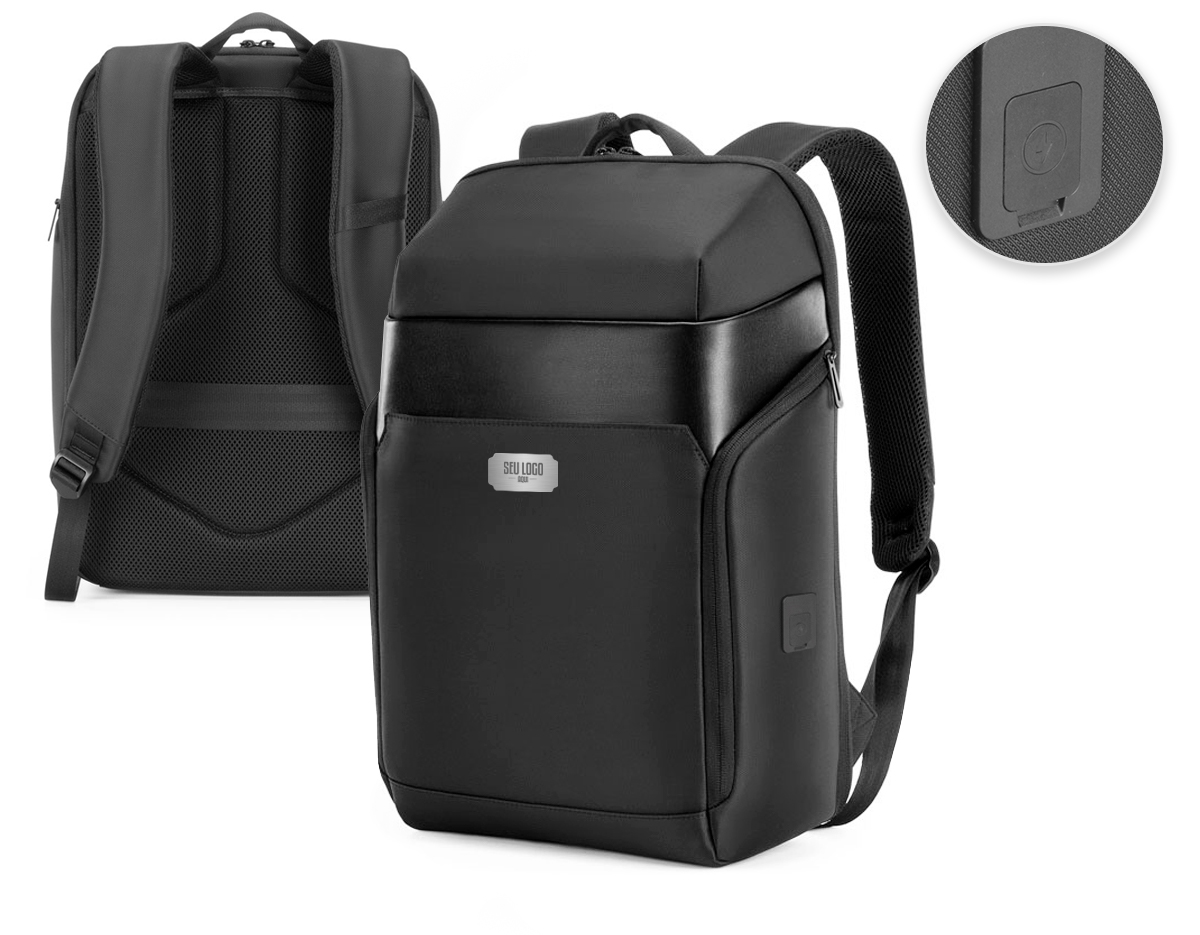 Mochila Premium, adequada para viagens de negócios, feito de tecido de poliéster, resistente à água e ao desgaste, alças de ombro acolchoadas, aceita notebook de até 15,6", engate para mala de viagem, com dois bolsos nas laterais.