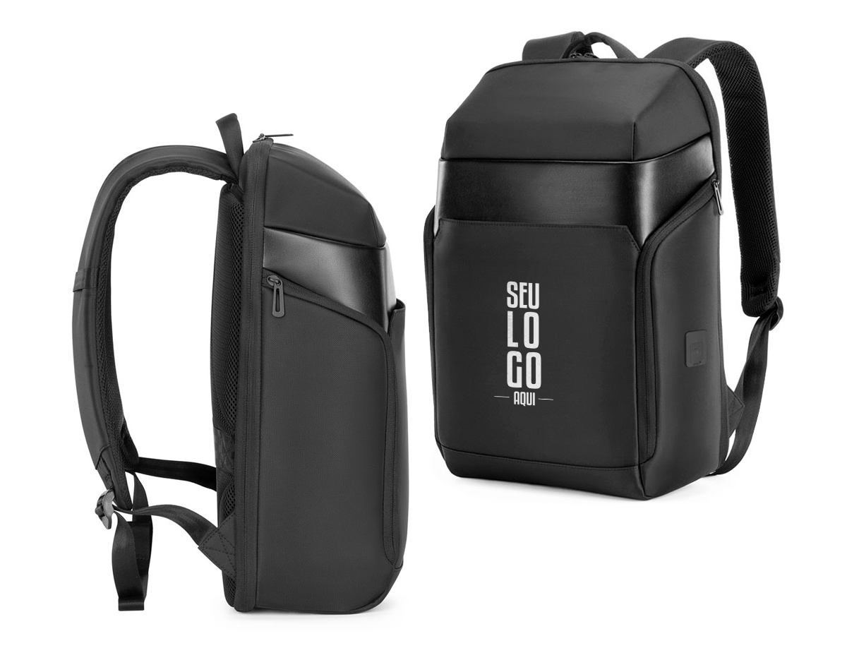 Mochila Premium, adequada para viagens de negócios, feito de tecido de poliéster, resistente à água e ao desgaste, alças de ombro acolchoadas, aceita notebook de até 15,6", engate para mala de viagem, com dois bolsos nas laterais.