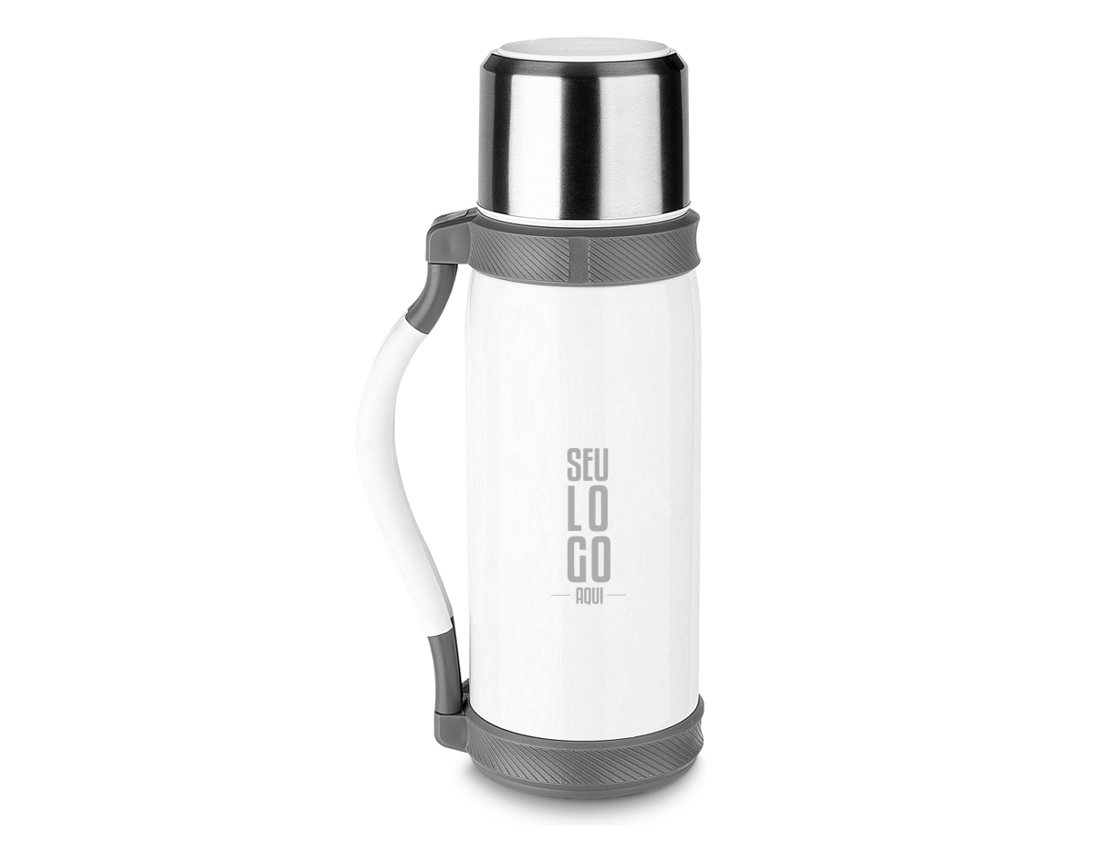Garrafa térmica em aço inox com parede dupla isolada a vácuo, com capacidade de até 1,2l. Além de garantir a temperatura ideal do líquido por horas, é muito fácil de ser transportada por sua alça lateral que torna o uso desse potente recipiente muito mais simples. Tampa rosqueável e anel de silicone para vedação na tampa.