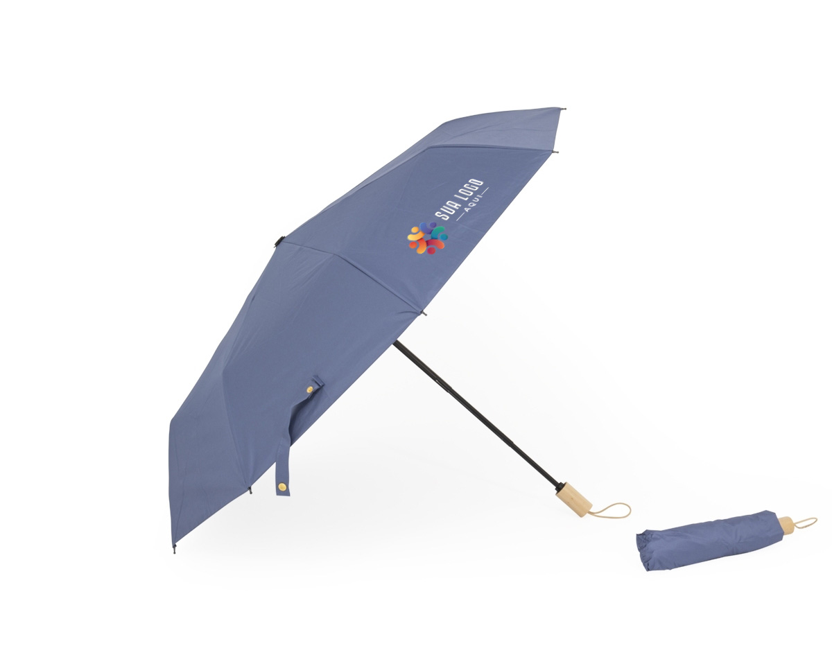 Guarda-chuva manual de nylon com proteção UV, tecido interno em vinil. Com 8 varetas e estrutura em aço, possui botão de abertura e pegador de madeira com alça de nylon. Acompanha capa protetora.