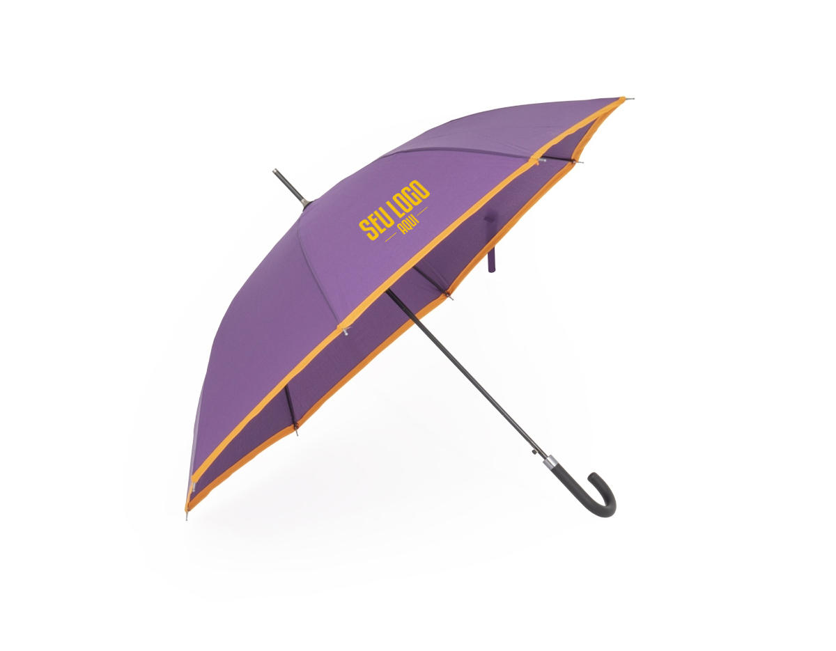 Guarda-chuva manual de poliéster com estrutura em aço e 8 varetas em fibra de vidro, possui pegador plástico com botão de acionamento.