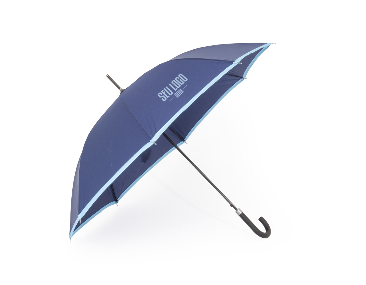 Guarda-chuva manual de poliéster com estrutura em aço e 8 varetas em fibra de vidro, possui pegador plástico com botão de acionamento.
