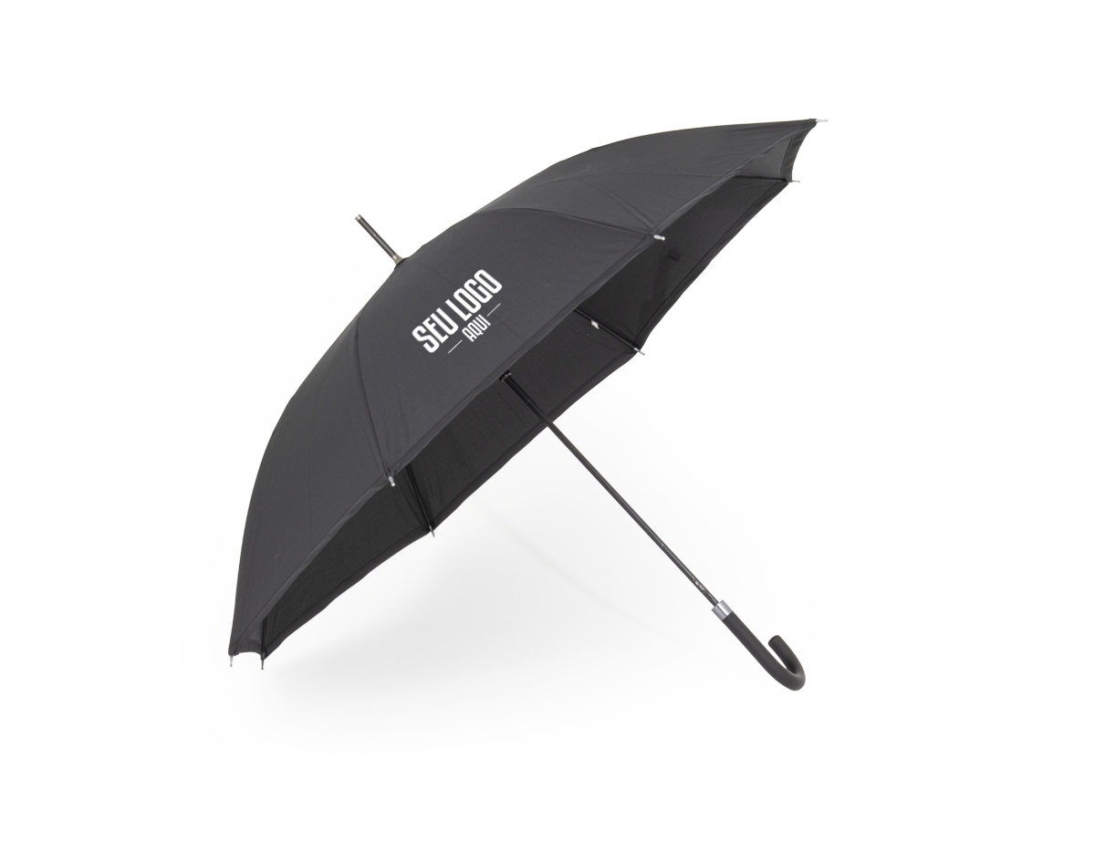 Guarda-chuva manual de poliéster com estrutura em aço e 8 varetas em fibra de vidro, possui pegador plástico com botão de acionamento.