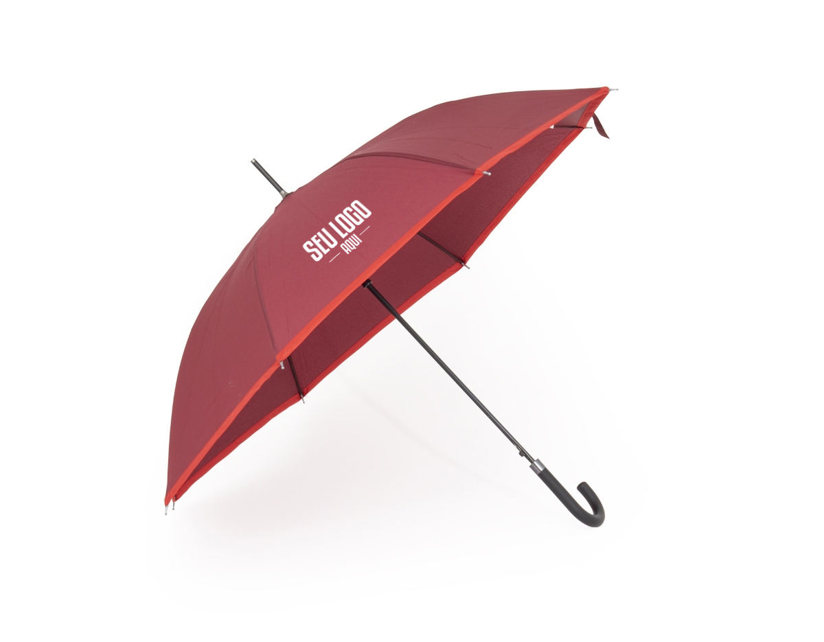 Guarda-chuva manual de poliéster com estrutura em aço e 8 varetas em fibra de vidro, possui pegador plástico com botão de acionamento.