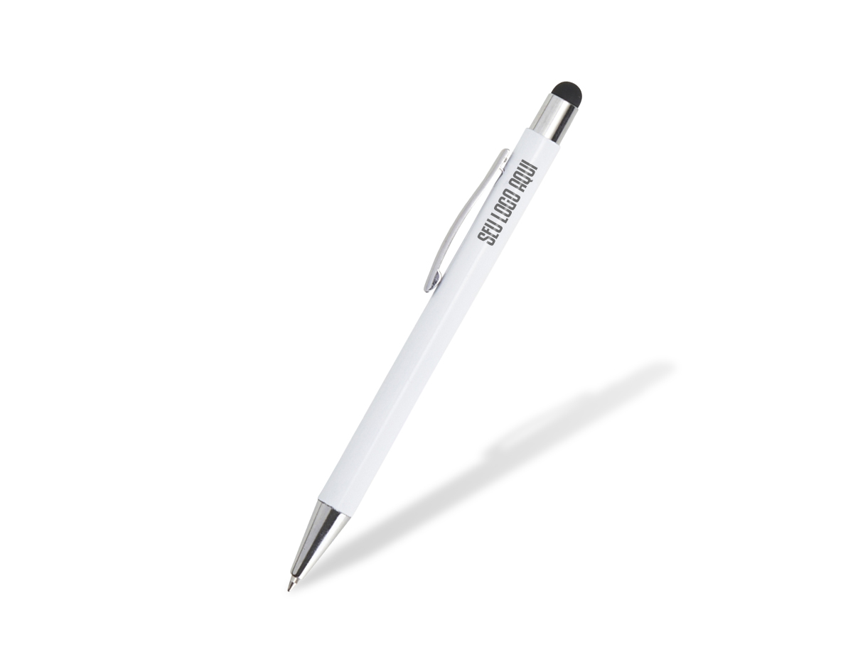 Caneta metálica touchscreen com carga esferográfica azul 1.0mm e acionamento por clique.