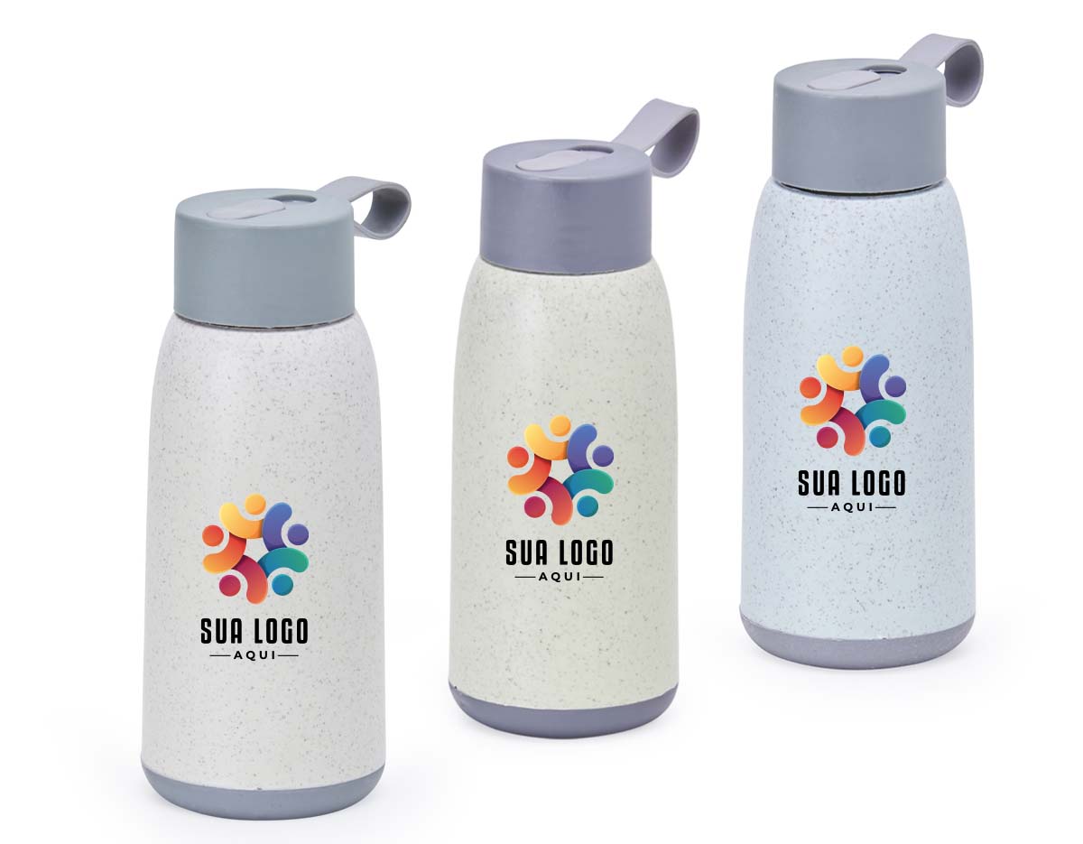 Garrafa de vidro 350ml com revestimento plástico, tampa plástica com alça de silicone.