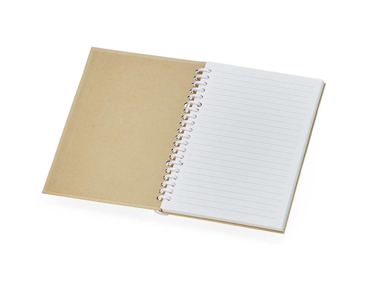 Caderno A5 com capa dura em kraft e espiral removível, contém aproximadamente 87 folhas marfim com pauta.