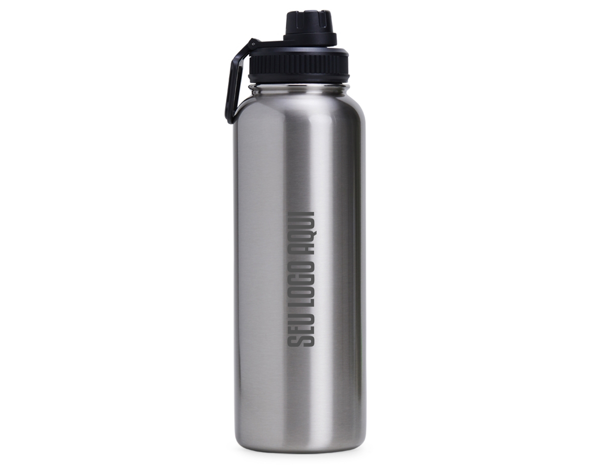 Garrafa térmica feita em inox com parede dupla livre de BPA, capacidade de 1,2 litros. Tampa com alça para transporte e tampa de proteção para o bocal.