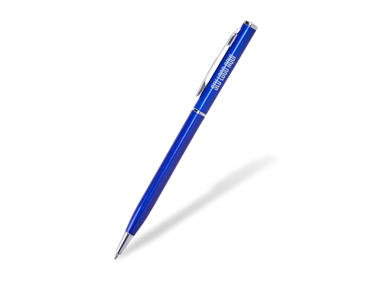 Caneta metálica com carga esferográfica azul 1.0mm e acionamento por rotação.