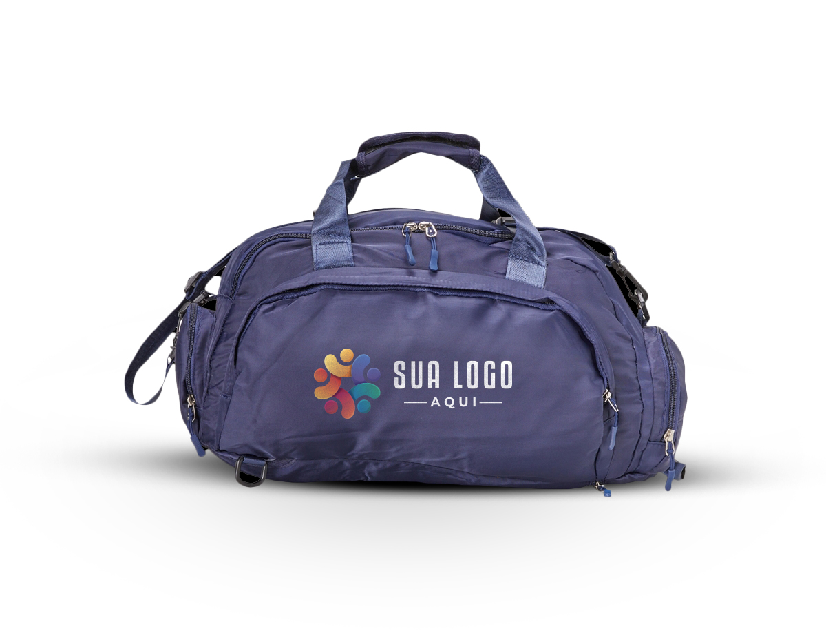 Bolsa esportiva de 25 litros em poliéster de impacto impermeável com cinco compartimentos, sendo três deles exclusivos para tênis, itens molhados e armazenamento das alças de costas. Com alça transversal removível e alça de mãos com suporte de juntura, a bolsa contém alças de compensação e alças para as costas ocultas no compartimento inferior, podendo ser transportada como mochila.