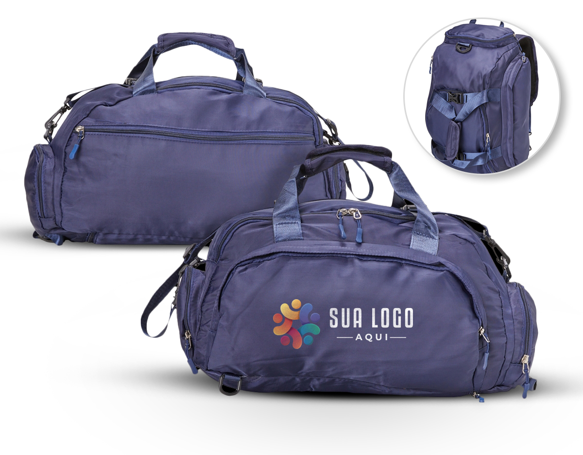Bolsa esportiva de 25 litros em poliéster de impacto impermeável com cinco compartimentos, sendo três deles exclusivos para tênis, itens molhados e armazenamento das alças de costas. Com alça transversal removível e alça de mãos com suporte de juntura, a bolsa contém alças de compensação e alças para as costas ocultas no compartimento inferior, podendo ser transportada como mochila.