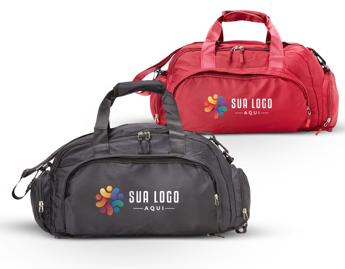 Bolsa esportiva de 25 litros em poliéster de impacto impermeável com cinco compartimentos, sendo três deles exclusivos para tênis, itens molhados e armazenamento das alças de costas. Com alça transversal removível e alça de mãos com suporte de juntura, a bolsa contém alças de compensação e alças para as costas ocultas no compartimento inferior, podendo ser transportada como mochila.