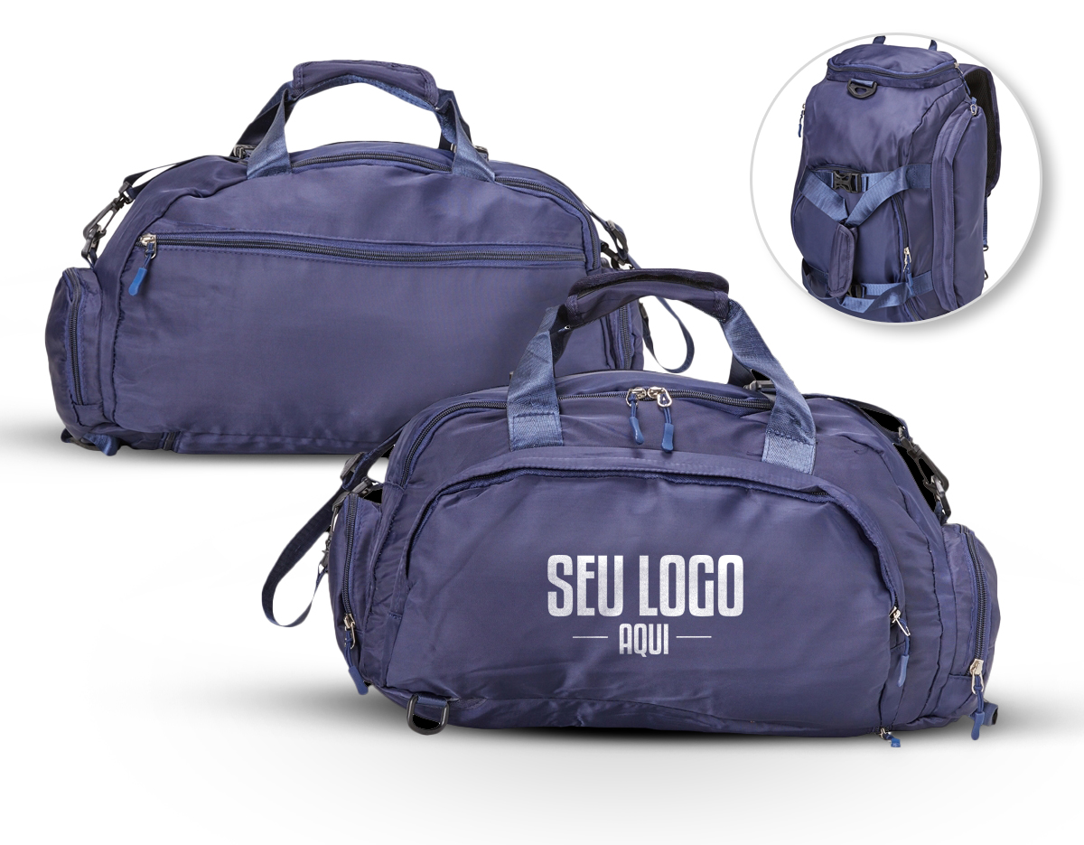 Bolsa esportiva de 25 litros em poliéster de impacto impermeável com cinco compartimentos, sendo três deles exclusivos para tênis, itens molhados e armazenamento das alças de costas. Com alça transversal removível e alça de mãos com suporte de juntura, a bolsa contém alças de compensação e alças para as costas ocultas no compartimento inferior, podendo ser transportada como mochila.