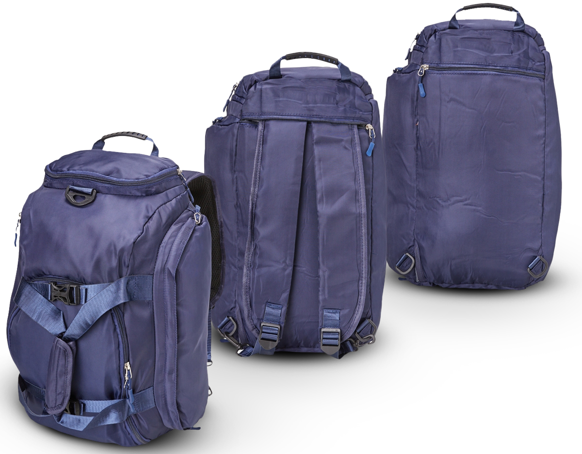 Bolsa esportiva de 25 litros em poliéster de impacto impermeável com cinco compartimentos, sendo três deles exclusivos para tênis, itens molhados e armazenamento das alças de costas. Com alça transversal removível e alça de mãos com suporte de juntura, a bolsa contém alças de compensação e alças para as costas ocultas no compartimento inferior, podendo ser transportada como mochila.