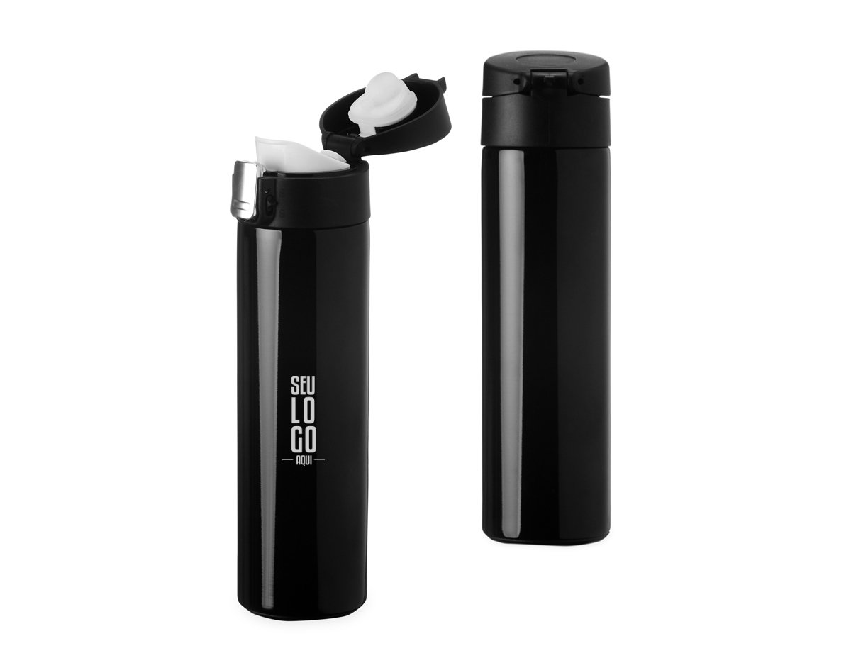 Garrafa inox 304 com capacidade de 400ml, tampa com botão de acionamento e trava de segurança.