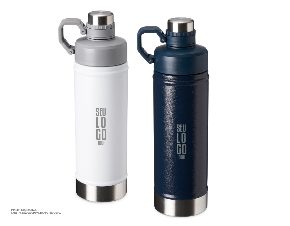 Garrafa térmica de parede dupla em inox, capacidade de 700ml. Tampa principal com bocal e tampa protetora com alça de transporte acoplada.