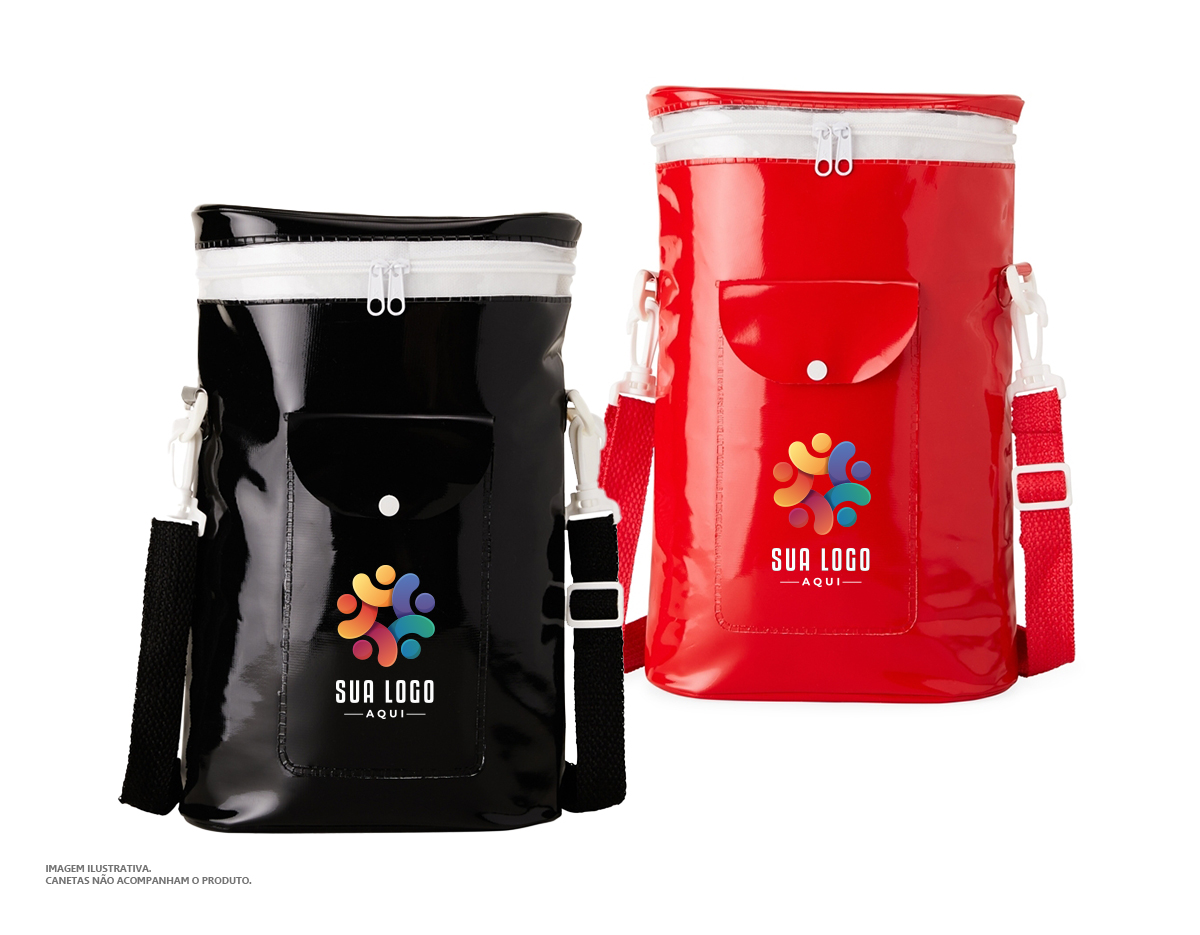Bolsa térmica de 7 litros em plástico, possui compartimento térmico removível, acompanha alça transversal.