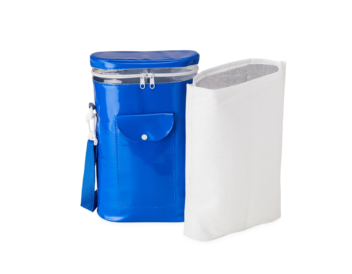 Bolsa térmica de 7 litros em plástico, possui compartimento térmico removível, acompanha alça transversal.