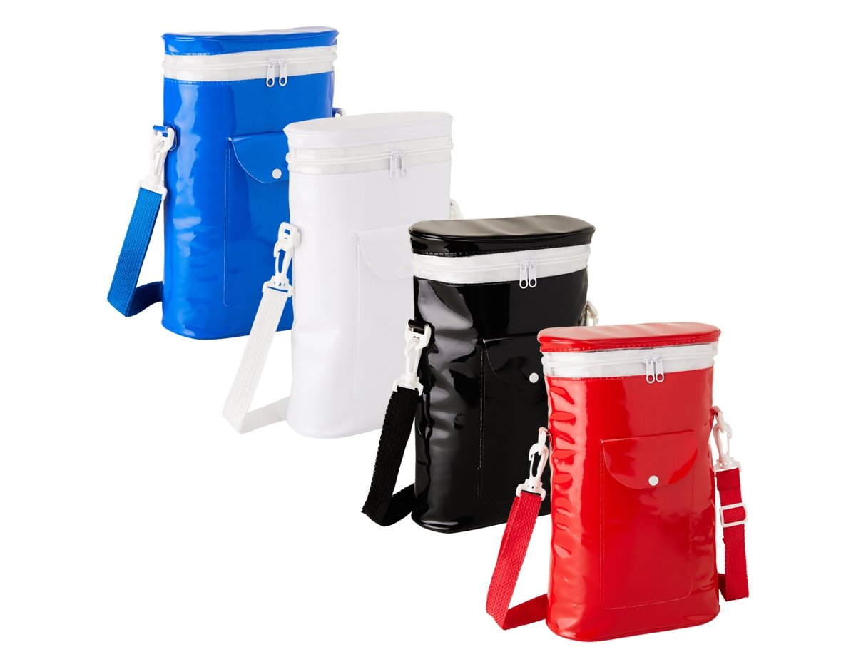 Bolsa térmica de 7 litros em plástico, possui compartimento térmico removível, acompanha alça transversal.