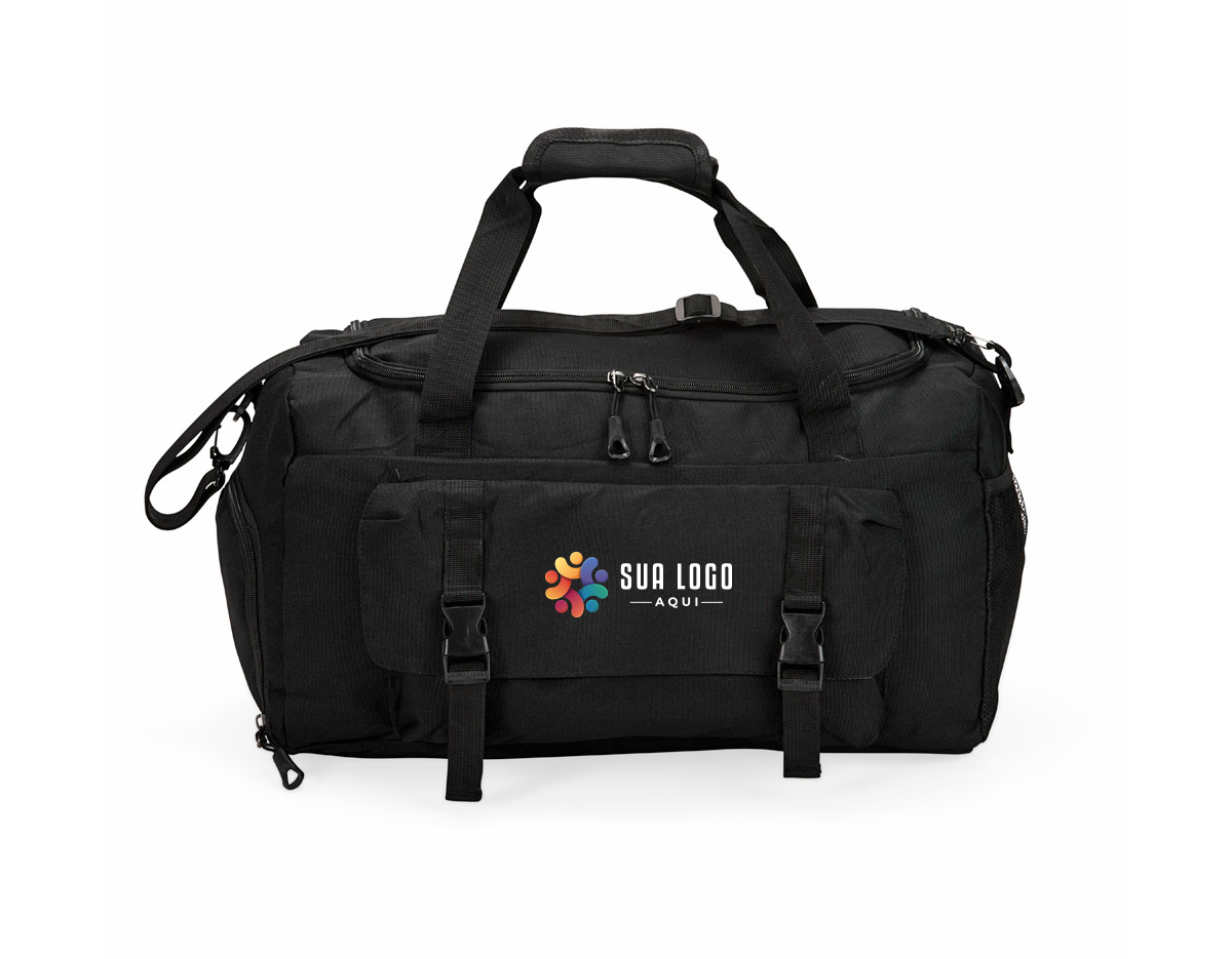 Bolsa esportiva de 39 litros em nylon resistente à água com três compartimentos, sendo um deles exclusivos para tênis. Compartimento principal com bolso de zíper exclusivo para itens molhados. Com bolso lateral telado e alças de mãos com suporte de juntura, a bolsa contém alça transversal removível e alça para engate em malas de viagem.