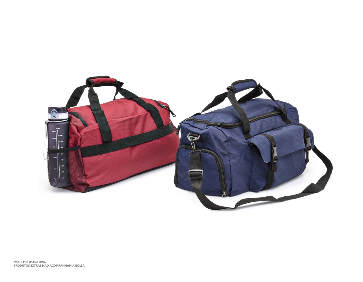 Bolsa esportiva de 39 litros em nylon resistente à água com três compartimentos, sendo um deles exclusivos para tênis. Compartimento principal com bolso de zíper exclusivo para itens molhados. Com bolso lateral telado e alças de mãos com suporte de juntura, a bolsa contém alça transversal removível e alça para engate em malas de viagem.