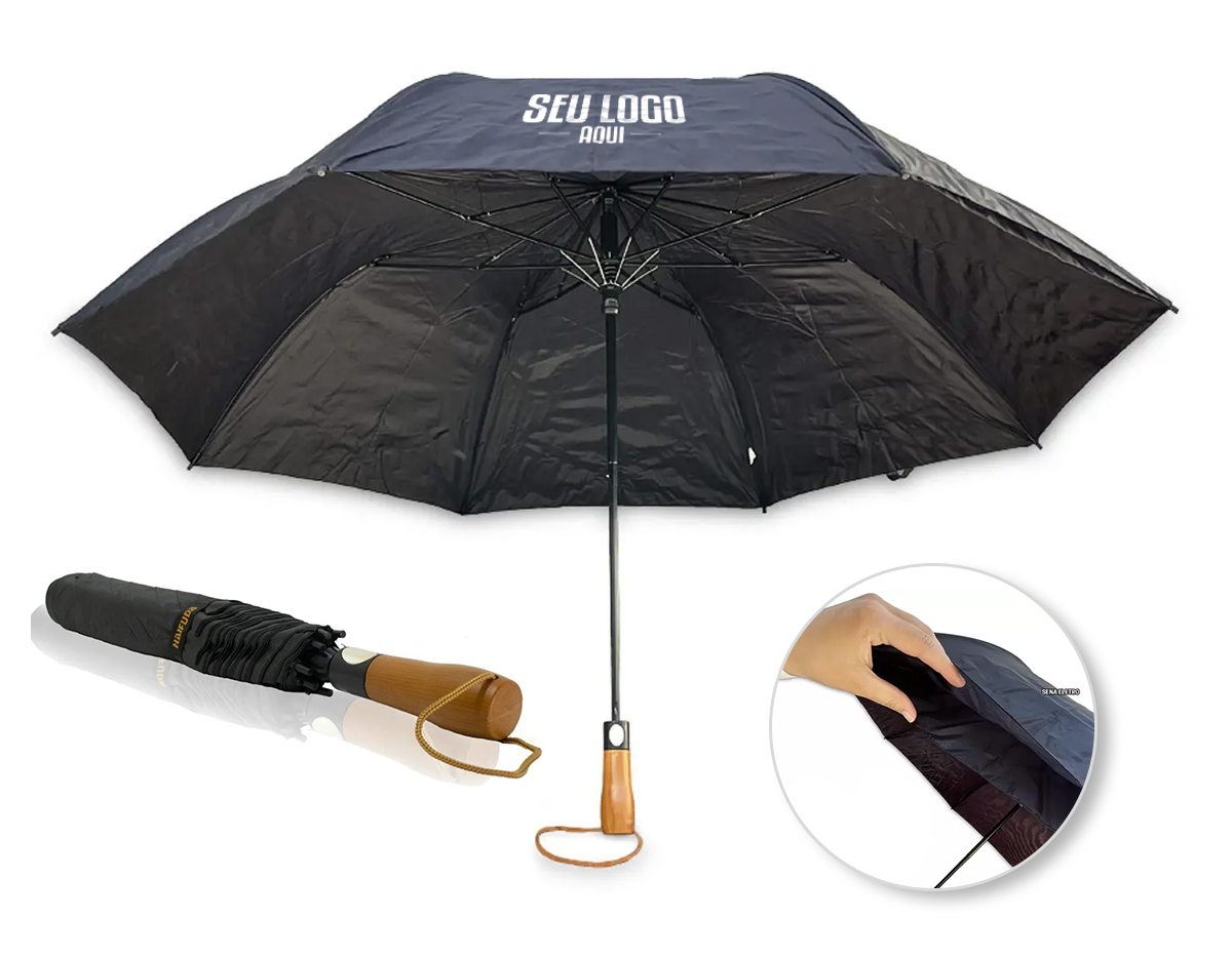 Guarda-chuva com cabo de madeira botão e acionador para abertura automática, armação reforçada  acompanha capa protetora.