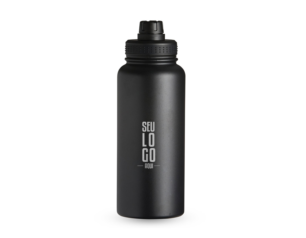 Garrafa térmica com capacidade de 1 litro em inox com parede dupla, contém tampa plástica rosqueável com bocal e alça para transporte acoplados.