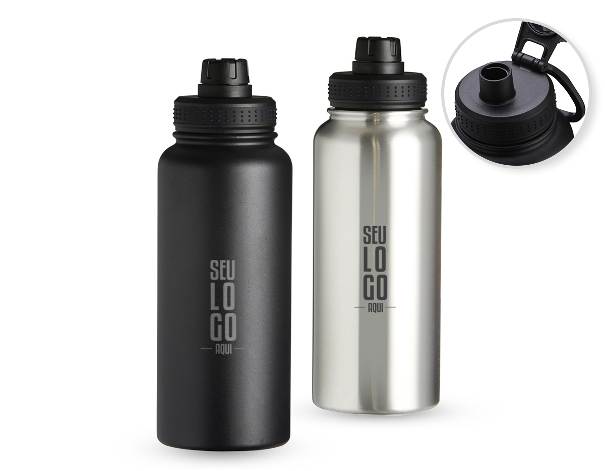 Garrafa térmica com capacidade de 1 litro em inox com parede dupla, contém tampa plástica rosqueável com bocal e alça para transporte acoplados.