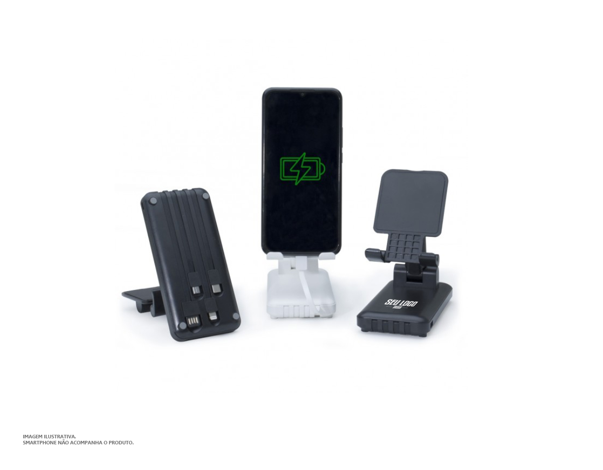 Power bank plástico de 10.000mAh multissaídas com suporte retrátil para celular ou tablet. Com indicadores led de bateria e base antiderrapante, o carregador possui os cabos tipo-C , lightning, , V8 e USB acoplados. Acompanha cabo USB V8 e adaptador lightning.