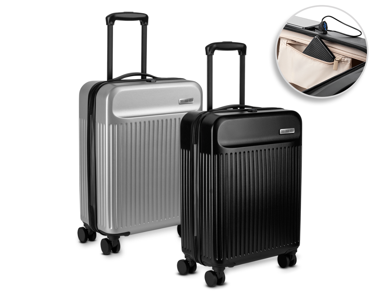 Mala de viagem em ABS
Abertura frontal com ziper para acesso ao interior da mala;
Saida USB ideal para carregamento de smartphones;
Sistema de carrinho de aço;
Alça de mão na parte superior 
Quatro rodas de 360 graus;
Acompanha Plaquinha de metal sem personalização. Mala perfurada para aplicação da plaquinha. 