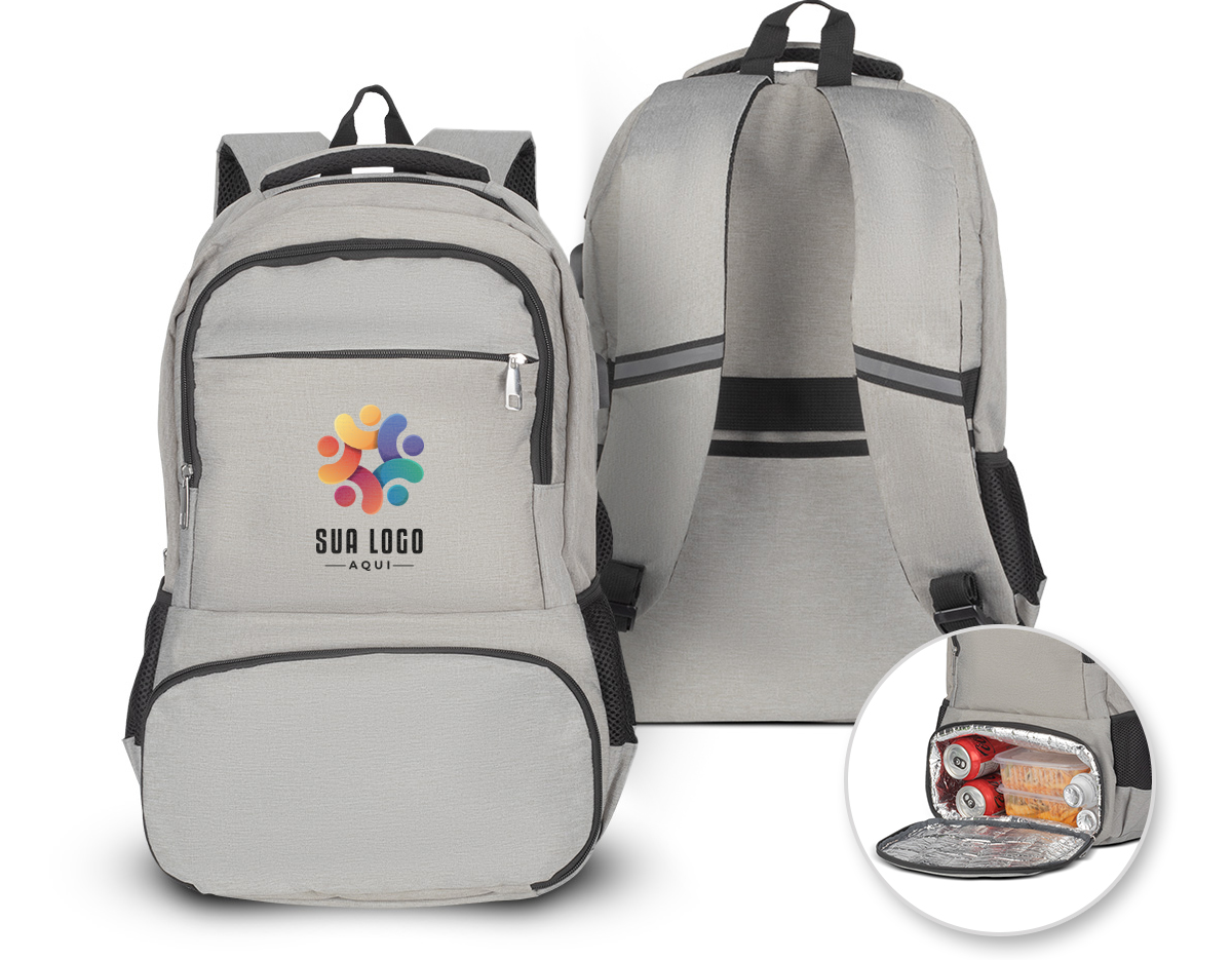 Mochila p/ notebook em tecido PET RECICLÁVEL com compartimento térmico