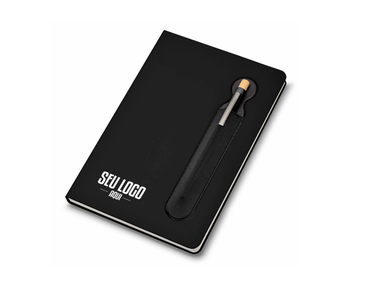 Caderno de anotações com suporte para caneta, capa dura em PU, miolo 80 folhas pautadas na cor bege. NÃO ACOMPANHA CANETA