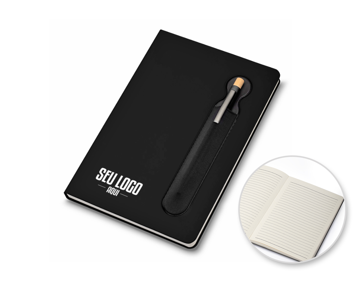 Caderno de anotações com suporte para caneta, capa dura em PU, miolo 80 folhas pautadas na cor bege. NÃO ACOMPANHA CANETA