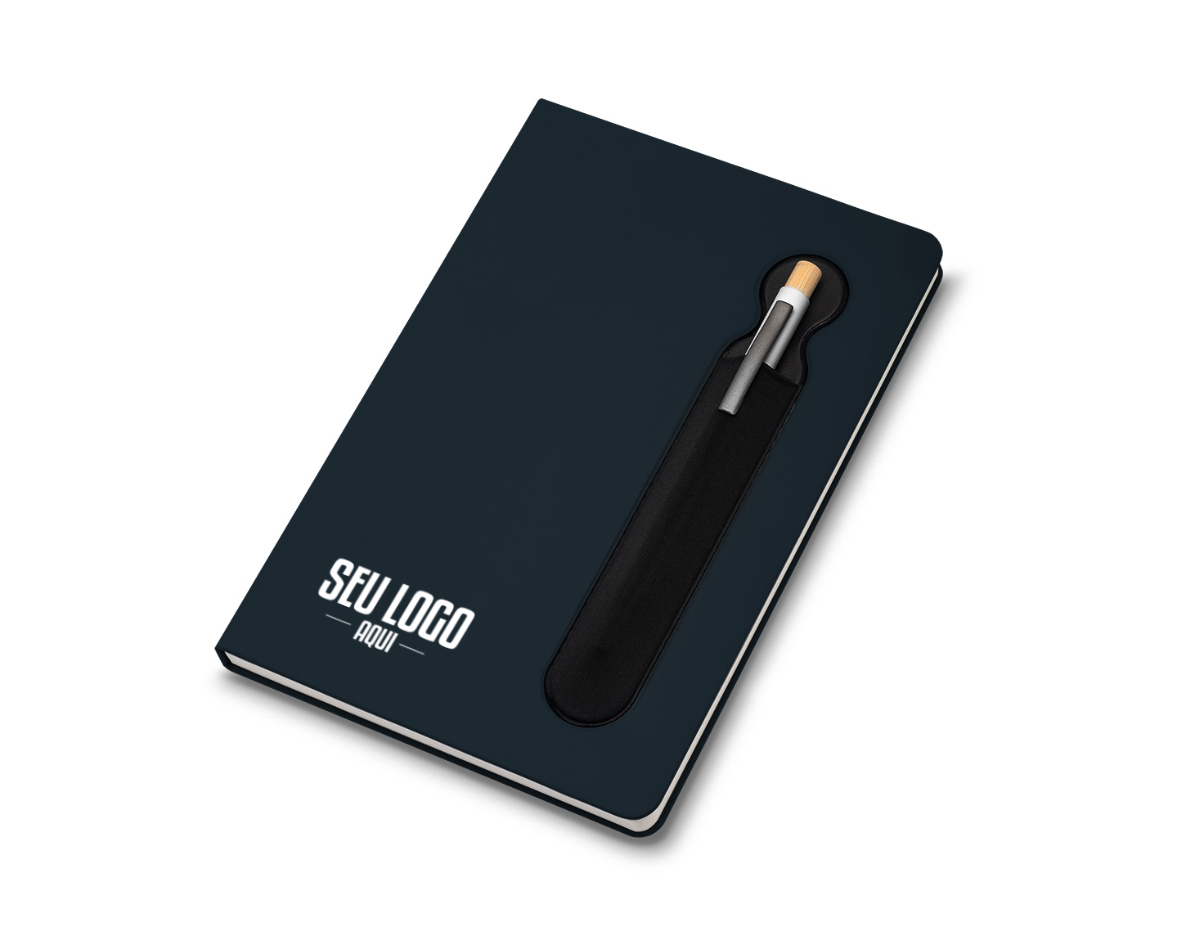 Caderno de anotações com suporte para caneta, capa dura em PU, miolo 80 folhas pautadas na cor bege. NÃO ACOMPANHA CANETA