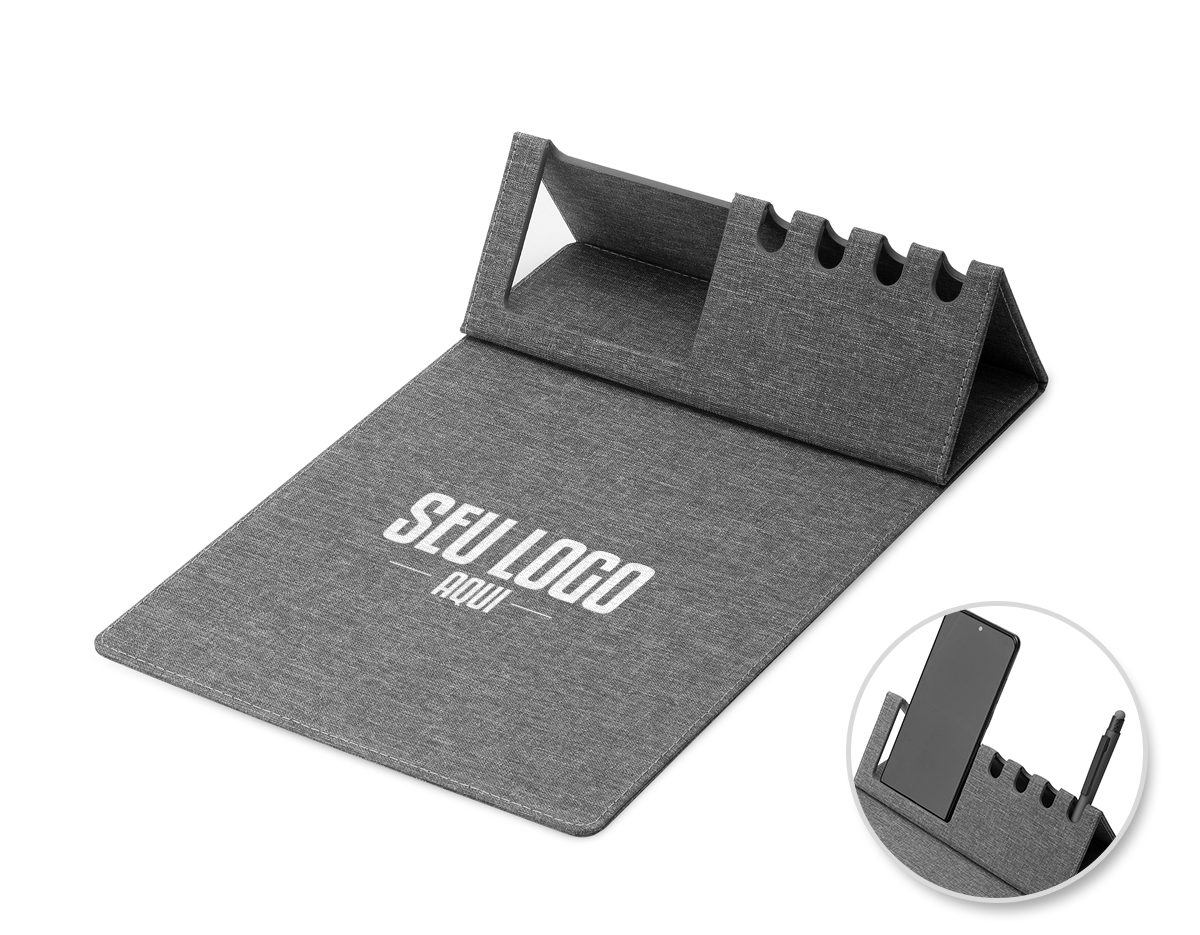 Mouse pad em material recilável, contendo,Porta canetas,Porta cartões ou apoio para celular