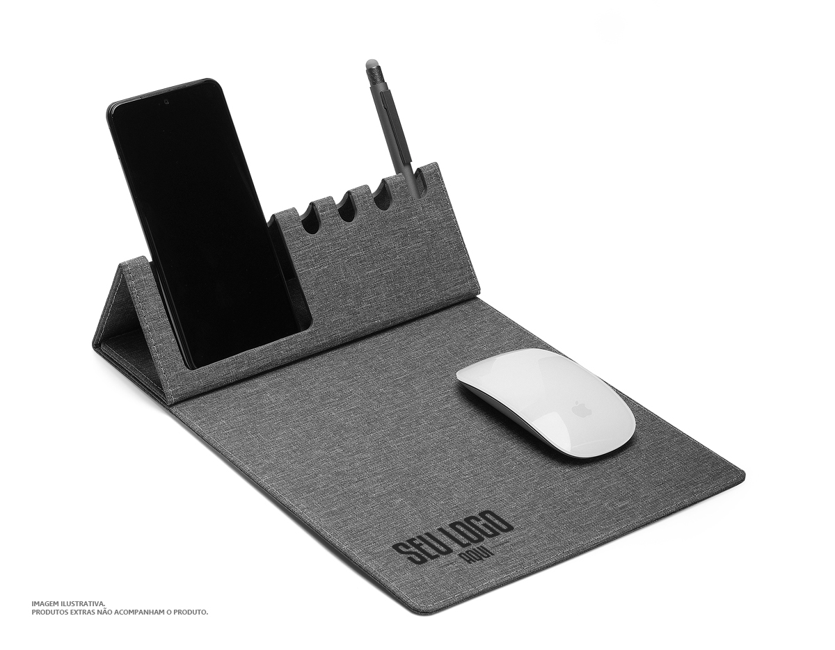 Mouse pad em material recilável, contendo,Porta canetas,Porta cartões ou apoio para celular