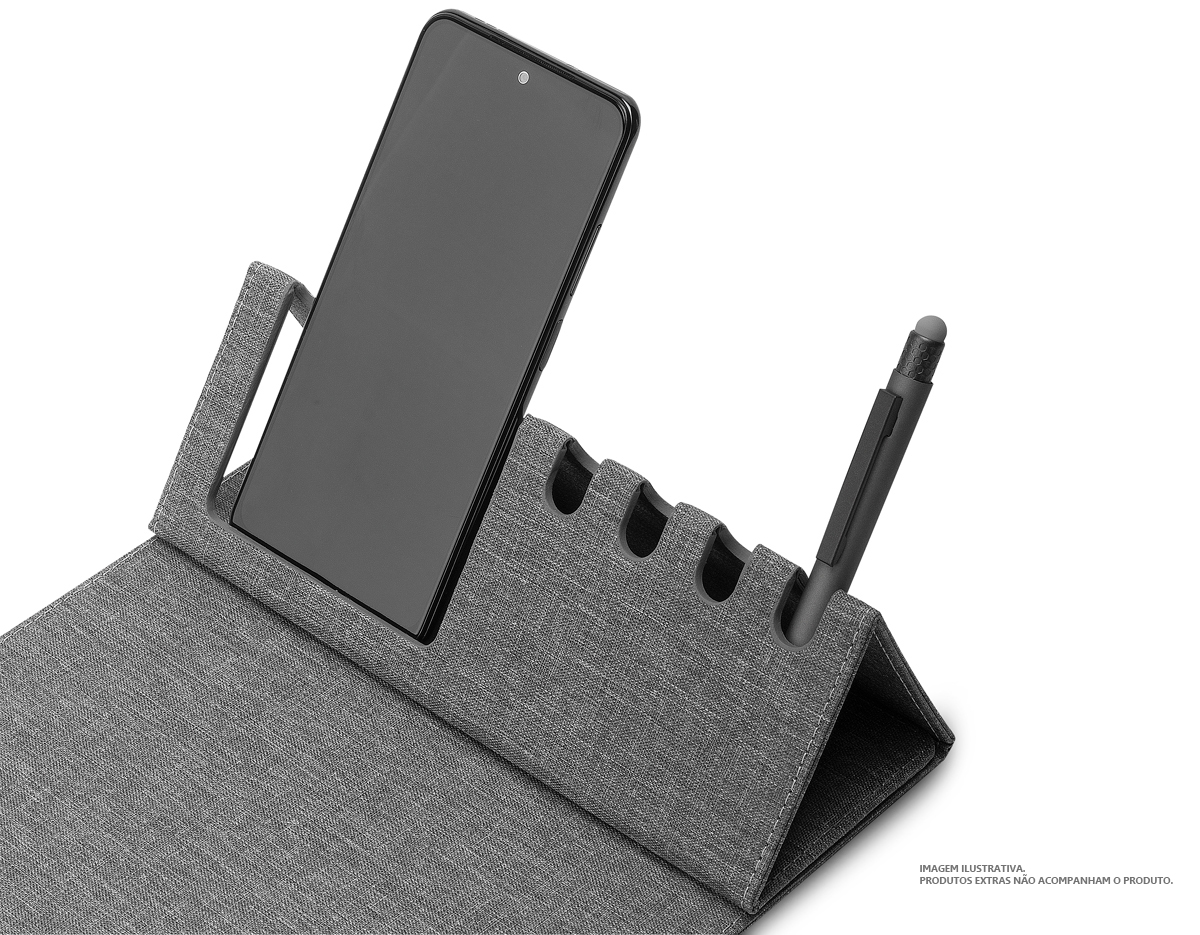 Mouse pad em material recilável, contendo,Porta canetas,Porta cartões ou apoio para celular
