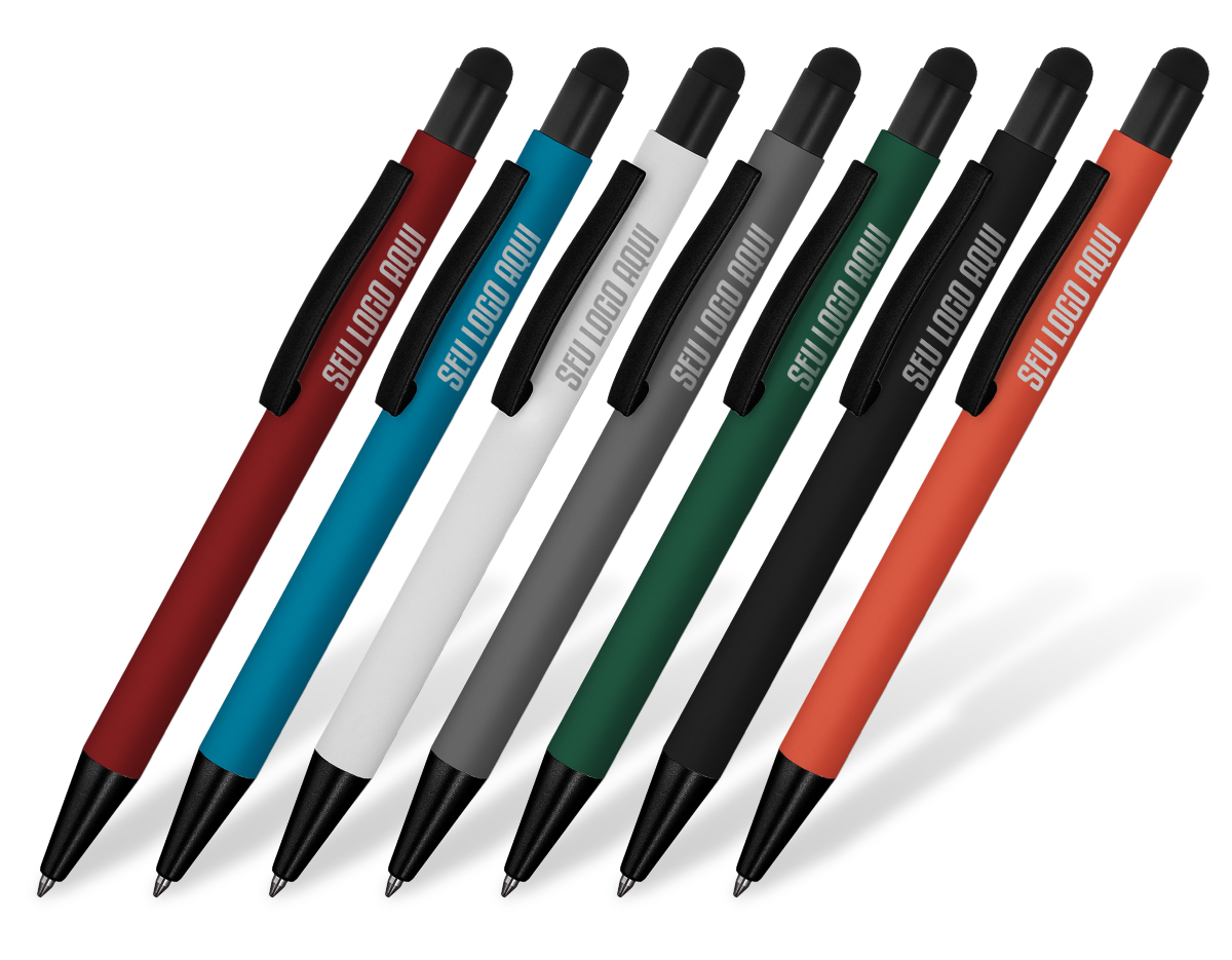 Caneta esferográfica em metal escrita em azul. Refil tipo parker com ponta touch emborrachada.