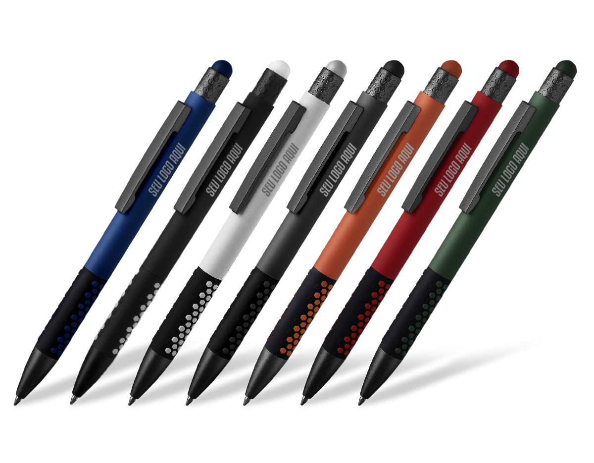 Caneta esferográfica em metal escrita em azul. Refil tipo parker, ponta touch emborrachada.