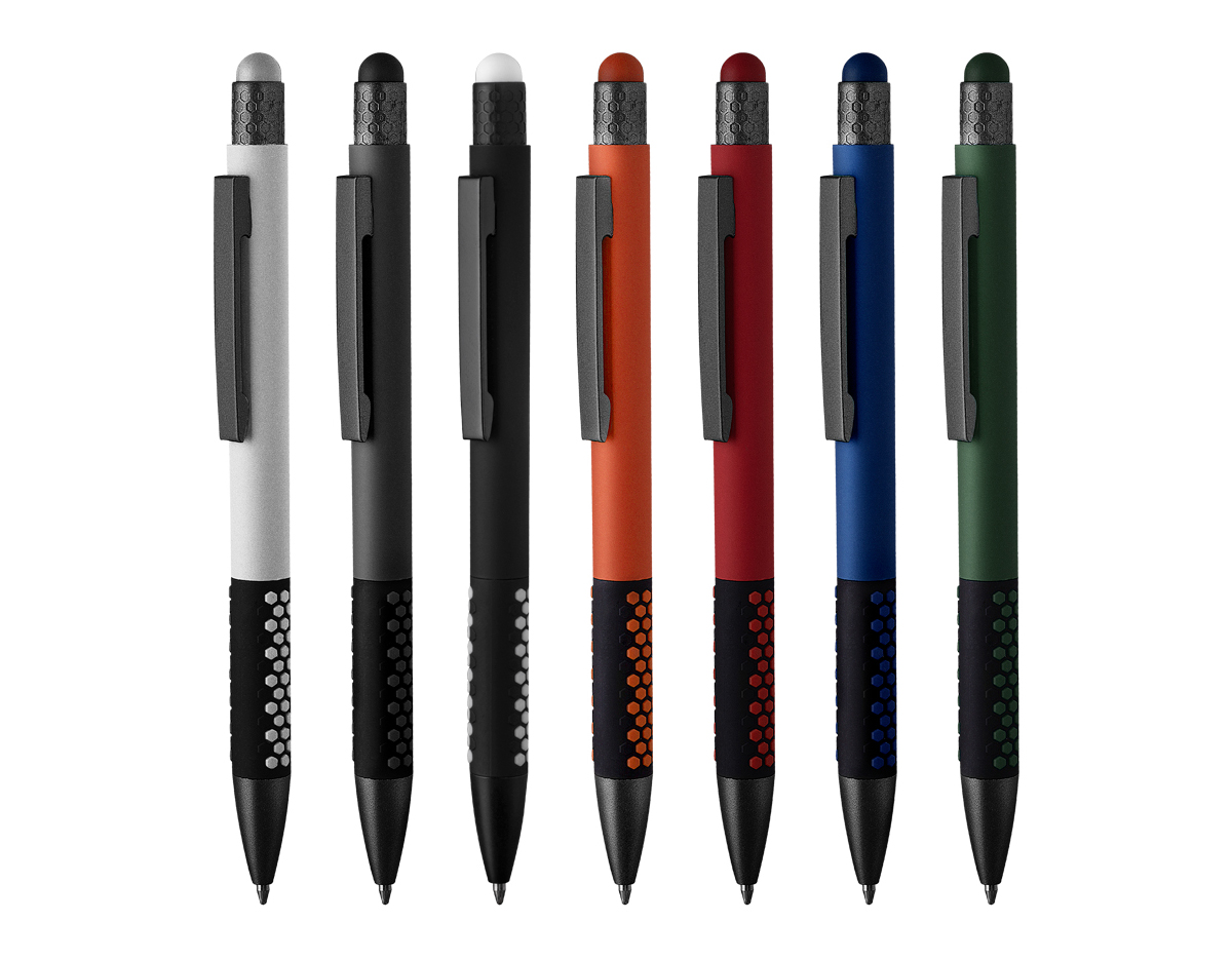 Caneta esferográfica em metal escrita em azul. Refil tipo parker, ponta touch emborrachada.