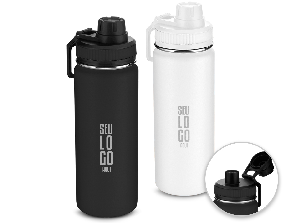 Garrafa térmica em aço inox com parede dupla com capacidade de até 570 ml. Tampa rosqueável, mosquetão em plástico e anel de silicone para vedação. Design com frisos na tampa e pintura pó.