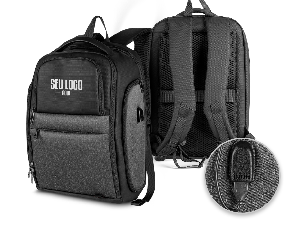 Mochila Premium para notebook em tecido poliéster.
Parte Externa:
Alça de mão 
2 bolsos frontais, dois bolsos laterais.
Saída para fone de ouvido e USB.
Engate para peitoral, ideal para corridas ou caminhadas com a mochila.
Parte Interna:
Compartimento acolchoado p/ notebook.
Compartimento acolchoado para tablet.
Divisórias internas