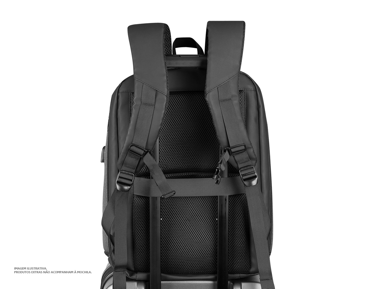 Mochila Premium para notebook em tecido poliéster.
Parte Externa:
Alça de mão 
2 bolsos frontais, dois bolsos laterais.
Saída para fone de ouvido e USB.
Engate para peitoral, ideal para corridas ou caminhadas com a mochila.
Parte Interna:
Compartimento acolchoado p/ notebook.
Compartimento acolchoado para tablet.
Divisórias internas