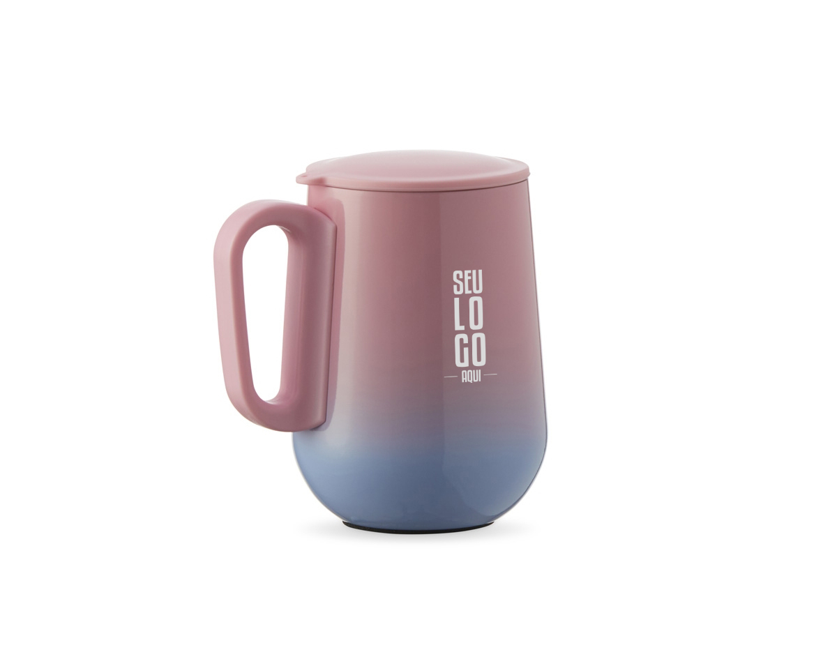 Caneca bicolor parede dupla com capacidade de 250ml, feita em inox 304. Contém tampa plástica de encaixe, alça plástica e base antiderrapante.